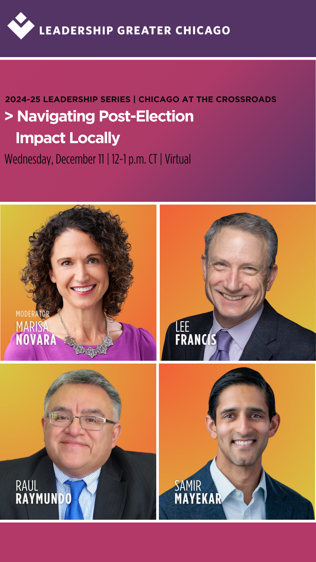 Purple, magenta, orange and yellow collage with event details and headshots of the speakers