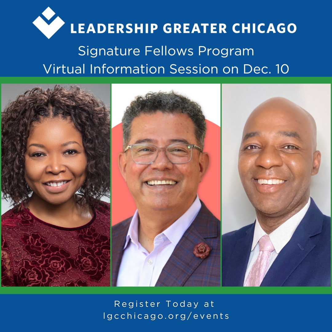 Blue square with photos of three speakers smiling and title and date of the event