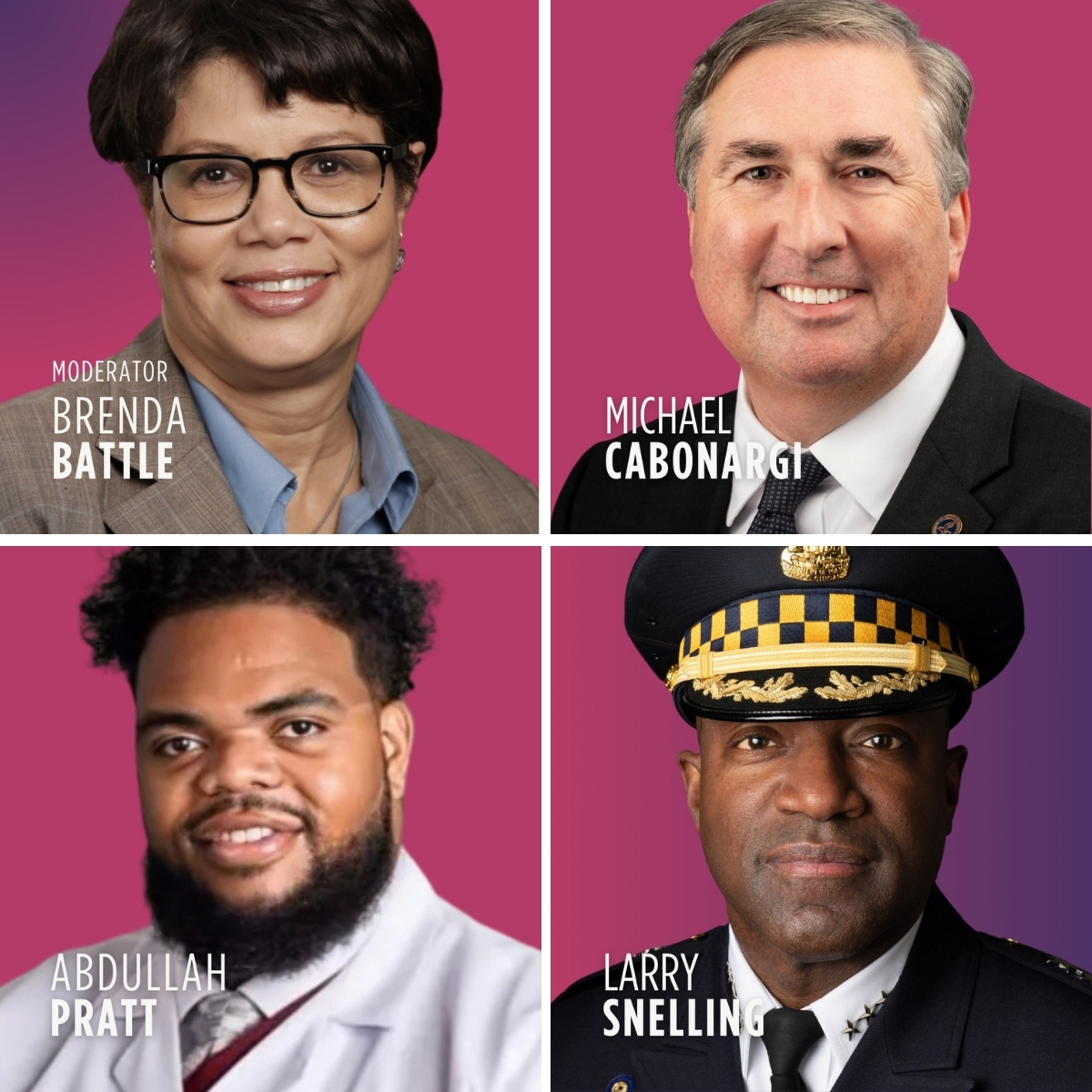 Headshots of the four speakers with magenta and purple backgrounds: Moderator Brenda Battle, Michael Cabonargi, Abdullah Pratt and Larry Snelling