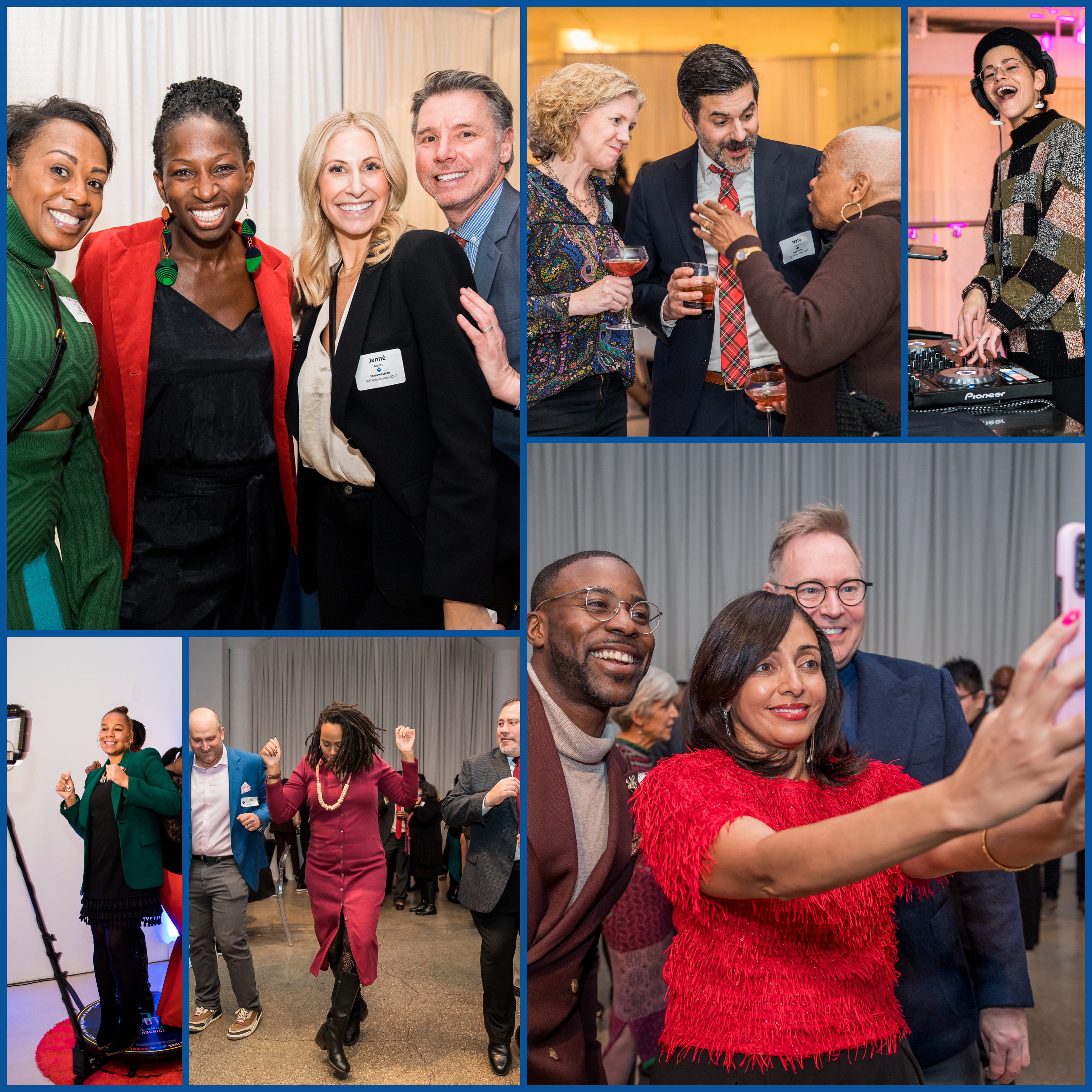 A collage featuring Fellows and friends celebrating together at past holiday parties